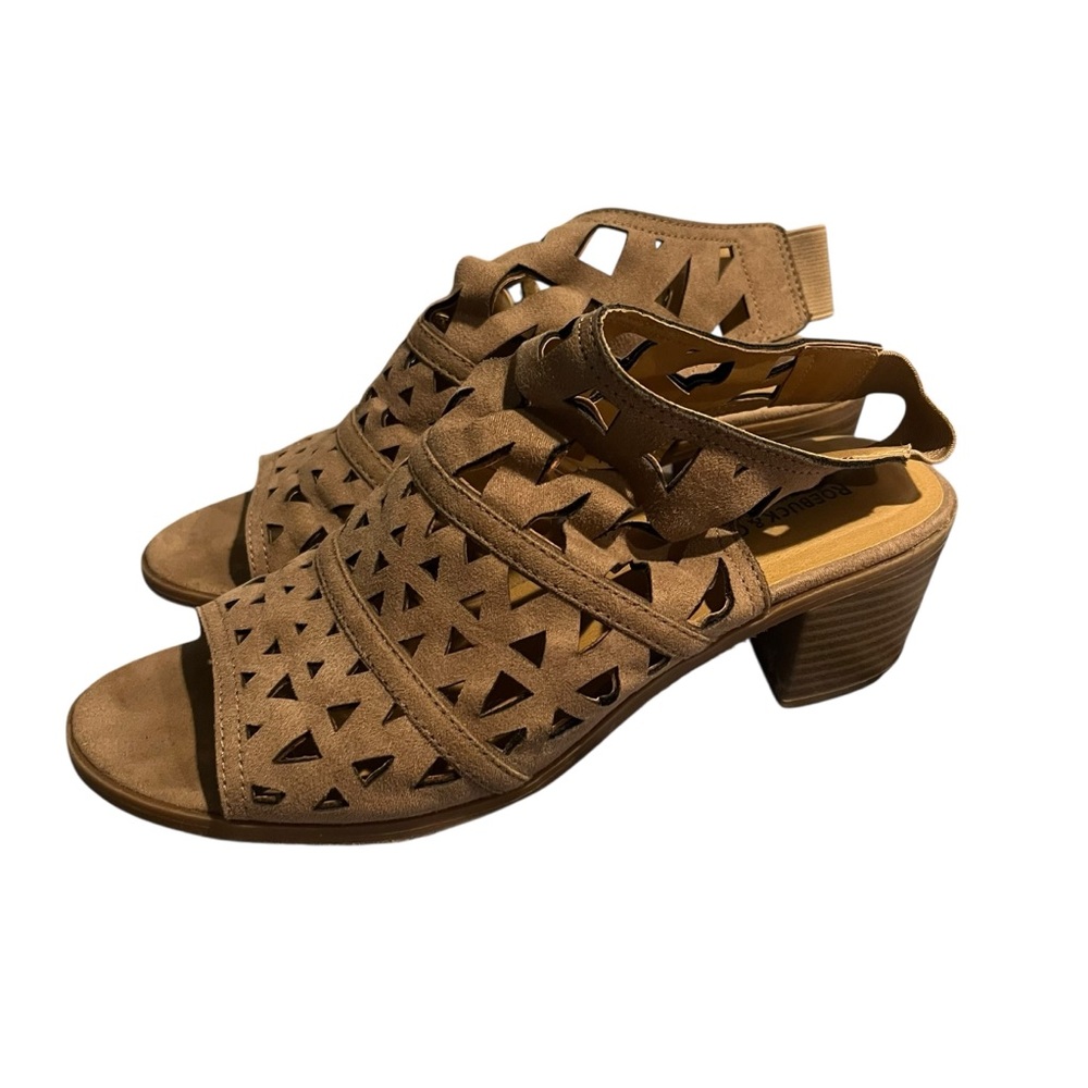 Roebuck and Co. Women 7 Tan Peep Toe Cutout‎ Block Heel Sandal Shoe
